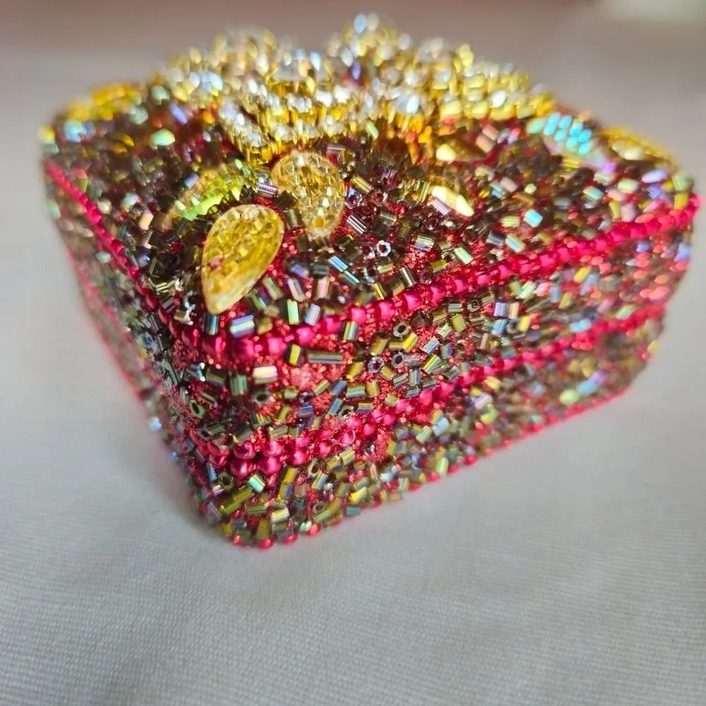 Vintage Artisan Handmade Rhinestone & Bead Trinket Box 80s-90s Made In India EUC